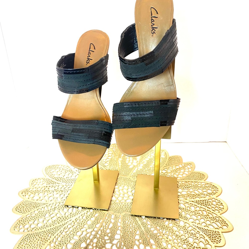 Clarks Womens Black Leather Two Strap Block Heel‎ Slide Sandals Size 7.5M 13276